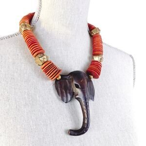 Vintage Elephant Necklace Wooden Pendant Orange Disc Beads African Safari Style